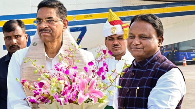 Odisha CM Mohan Charan Majhi receives newly appointed Odisha Governor Hari Babu Kambhampati at the Biju Patnaik International Airport, in Bhubaneswar.