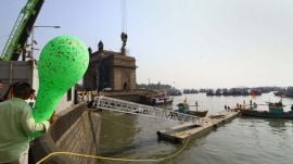 The pontoon, now in place, is said to serve as a crucial safety measure for those embarking on speed boats. (Express Photo by Amit Chakravarty)