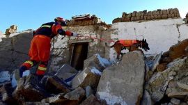 A firefighter conducts search and rescue operation with a rescue dog at a village following the earthquake that struck Tingri county, in Shigatse, Tibet Autonomous Region, China on Wednesday. (Reuters Photo)