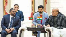 Union Defence Minister Rajnath Singh, right, during a meeting with his Maldivian counterpart Mohamed Ghassan Maumoon, in New Delhi,