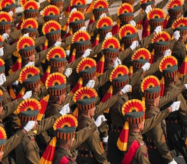 Jammu and Kashmir Rifles contingent seen marching during the full dress rehearsal for the Republic Day Parade. (PTI Photo)