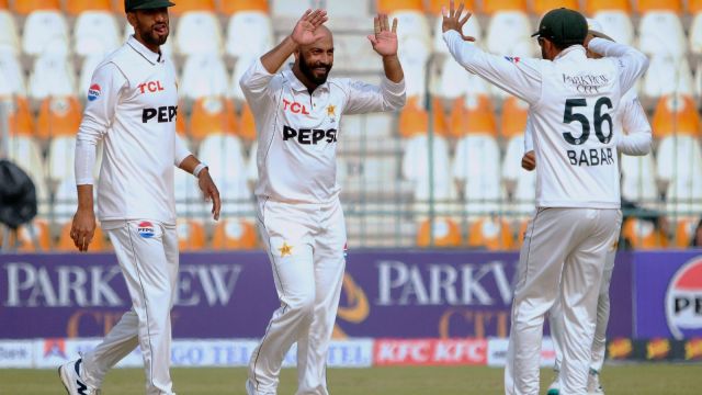 Pakistan's Said Khan, center, celebrates with teammates aft  taking the wicket of West Indies Mikyle Louis during the time  2  of the archetypal  Test cricket lucifer  betwixt  Pakistan and West Indies, successful  Multan, Pakistan, Saturday, Jan. 18, 2025. (AP Photo/Asim Tanveer)