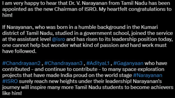 Tamil Nadu CM congratulated newly appointed ISRO chief V Narayan through a post on X 