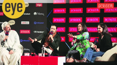 Richa Chaddha and Ali Fazal with Suvir Saran and Jyoti Sharma Bawa at IIT Delhi for SCREEN Live event. (Photo: Express Photo)