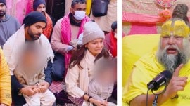 Virat Kohli and Anushka Sharma with their kids meet Premanand Govind Sharan Ji Maharaj (RIGHT). (PHOTO: Screengrabs via X/@RadhaKeliKunj)