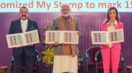 climate Prime Minister Narendra Modi with Union MoS for Science and Technology (Independent Charge) Jitendra Singh and World Meteorological Organization (WMO) Secretary-General Celeste Saulo during the 150th foundation day celebrations of India Meteorological Department (IMD), in New Delhi. (PTI Photo)
