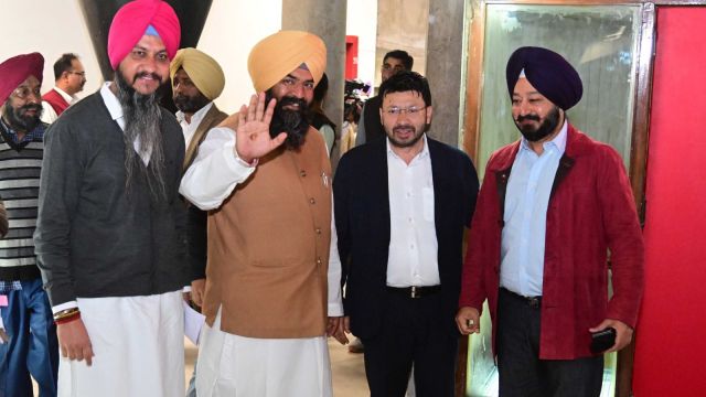 AAP MLAs on Day 1 of the two-day special session of the Punjab Vidhan Sabha, in Chandigarh on Monday.