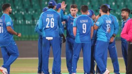 Afghanistan players celebrate a New Zealand wicket in a warm up match ahead of the ICC Champions Trophy. (PHOTO: X/ACB Media)