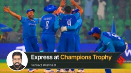 Afghanistan's Azmatullah Omarzai, celebrates with teammates after winning the ICC Champions Trophy cricket match against England in Lahore, Pakistan. (AP Photo)