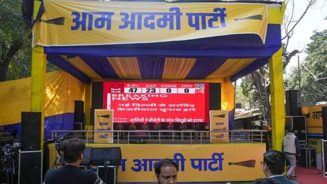 View of Aam Aadmi Party (AAP) bureau   amid the counting of votes for the Delhi Assembly polls.