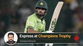 Pakistan's Babar Azam bats during the ICC Champions Trophy cricket match between Pakistan and New Zealand, in Karachi, Pakistan Wednesday, Feb. 19, 2025. (AP Photo)