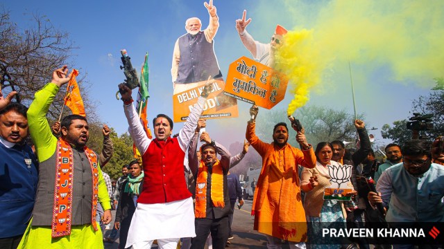  BJP supporters observe  aft  the party's triumph  successful  the Delhi Assembly elections