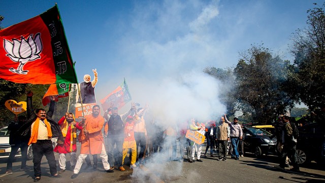  BJP supporters observe  aft  the party's triumph  successful  the Delhi Assembly elections