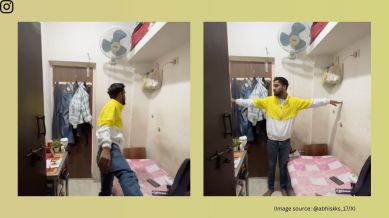 The man gives a glimpse of his balcony, demonstrating that it is so narrow that only one person can stand in it (Image source: @abhiskks_17/X)