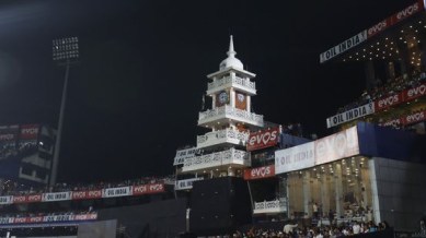 An unlit floodlight inside the Barabati Stadium in Cuttack is pictured before play is suspended during India's innings. (Photo: REUTERS)