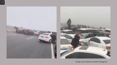 Cars pile up in China due to dense fog.