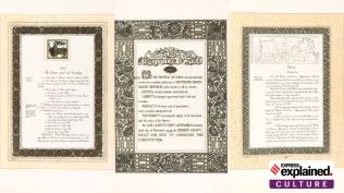 ​The Preamble (middle) features intricate patterns sketched by Beohar Rammanohar Sinha. Part III of the Constitution on Fundamental Rights (left) has an illustration from the Ramayana, while the Directive Principles of State Policy in Part IV (right), the artists turned to the Mahabharata.