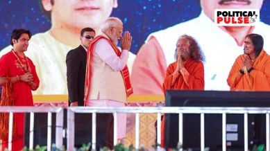 Prime Minister Narendra Modi during the foundation stone laying of Bageshwar Dham Medical & Science Research Institute, in Chhatarpur, Madhya Pradesh. Bageshwar Dham seer Dhirendra Shastri are also seen.