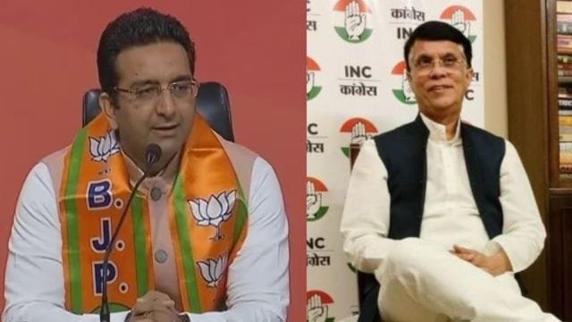 BJP national spokesperson Gaurav Bhatia addresses the media; and (right) Congress leader Pawan Khera shows a copy of The Indian Express at a press conference in New Delhi on Friday. (PTI)