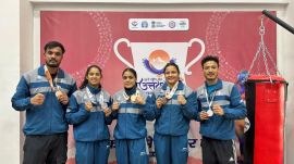 The five medal winners in Dehradun on Saturday. Express