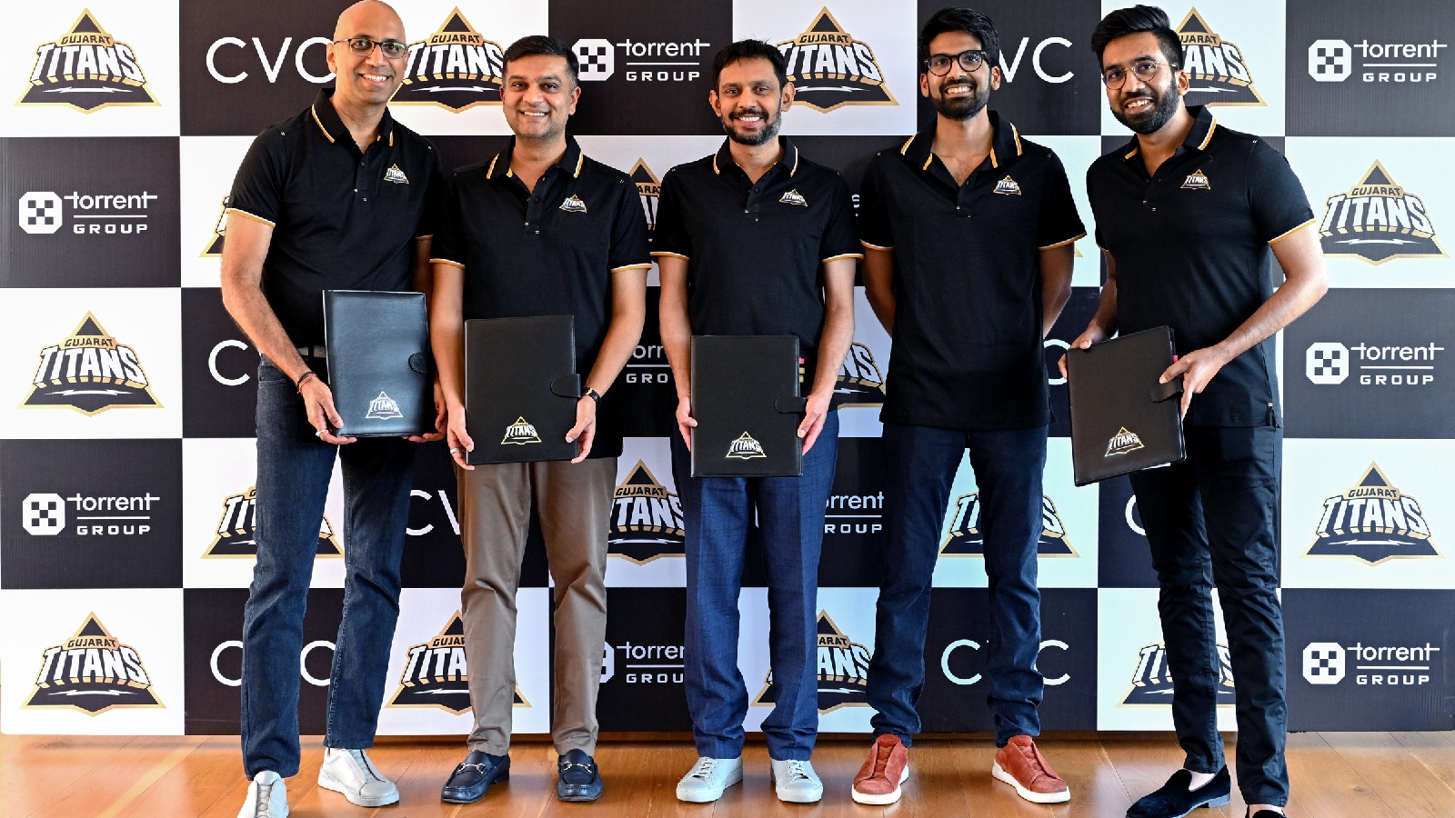 Amit Soni, Partner at CVC; Varun Mehta from Torrent; Siddharth Patel, Managing Partner at CVC; Shaan Mehta from Torrent and Aman Mehta from Torrent. 