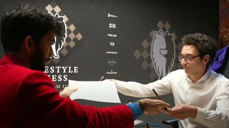 Freestyle Chess: World champion Gukesh resigns against Fabiano Caruana in the first game of the quarter-final at Weissenhaus on Sunday. (Screenshot: YouTube/Freestyle Chess)