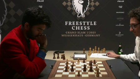 Freestyle Chess: World champion Gukesh faces Fabiano Caruana in the first game of the quarter-final at Weissenhaus on Sunday. (Screenshot: YouTube/Freestyle Chess)