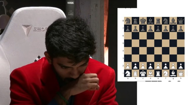 World champion Gukesh contemplates his next move in the first game of the quarter-final against Fabiano Caruana in Weissenhaus. All games were played in Position 381. (Screenshots: YouTube/Freestyle Chess)