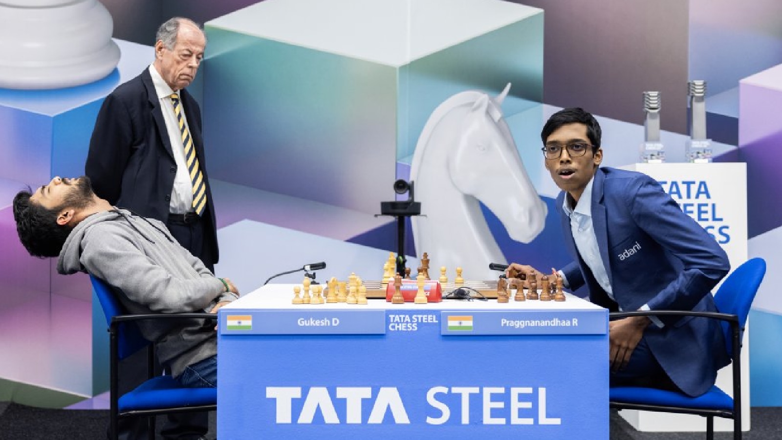 World champion Gukesh reacts after losing the Tata Steel chess title to Praggnanandhaa in the rapid tiebreaks. (Photo: Jurriaan Hoefsmit via Tata Steel Chess)