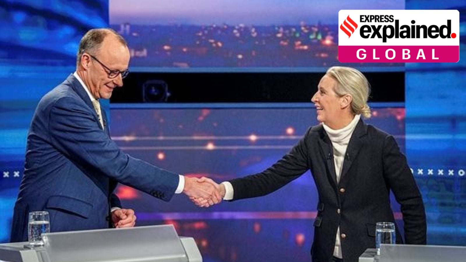 Christian Democratic Union (CDU) party leader and frontrunner to become Chancellor Friedrich Merz shakes hands with Alternative for Germany (AfD) party co-leader Alice Weidel before the RTL and NTV TV programme ‘Quadrell’ in Berlin, Germany, February 16, 2025. (Reuters)