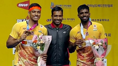 Chirag Shetty and Satwiksairaj Rankireddy with coach Pullela Gopichand. (Express File)