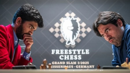 Gukesh Dommaraju faces off against Hikaru Nakamura in a classification match for 5-8 spots at the Freestyle Chess Grand Slam Tour's Weissenhaus event. (PHOTO: Lennart Ootes via Freestyle Chess Grand Slam Tour)