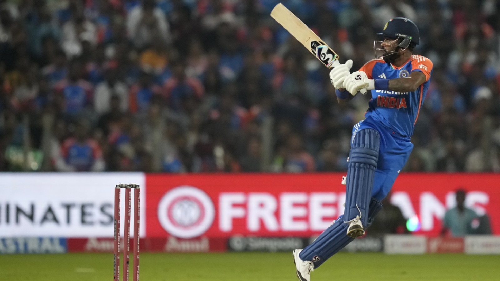 India's Hardik Pandya plays a shot during the fourth T20 cricket match between England and India in Pune, India, Friday, Jan. 31, 2025. (AP Photo)