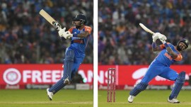 A combination of Hardik Pandya playing shots during the fourth T20I cricket match between England and India in Pune. (AP Photo)