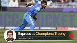 India's Hardik Pandya bowls a delivery during the ICC Champions Trophy cricket match between India and Bangladesh at Dubai International Cricket Stadium in Dubai, United Arab Emirates, Thursday, Feb. 20, 2025. (AP Photo)