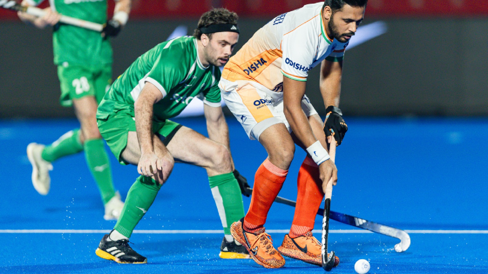 Indian hockey team captain Harmanpreet Singh in action against Ireland in the FIH Pro League. (PHOTO: FIH)