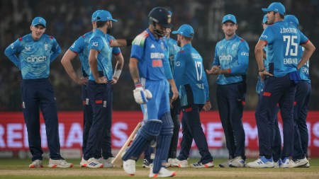 India vs England: England's players celebrates the wicket of India's Virat Kohli during the second one day international cricket match between India and England in Cuttack, India, Sunday, Feb. 9, 2025. (AP Photo)