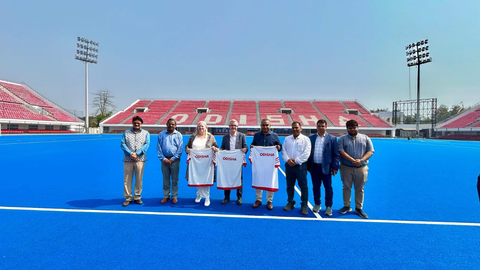 Games Federation president Chris Jenkins and CEO Katie Sadlier with Indian government officials at the Kalinga Stadium in Bhubaneswar. (Credit: @sports_odisha/X)