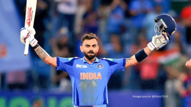 With Virat Kohli hitting a century, India claimed victory against its arch-rival by six wickets with 45 balls left (Image source: @Rizzvi73/X)