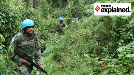 Indian soldiers patrol under a UN Peacekeeping mission in Congo, Africa.