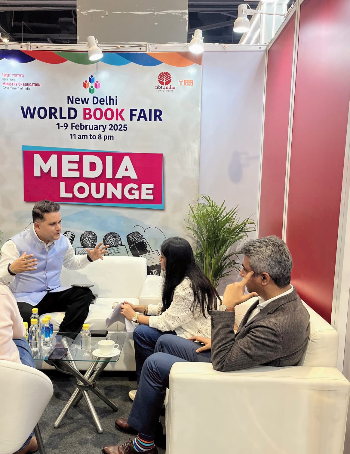 Cherry Gupta, from the Indian Express, in conversation with author Amish Tripathi and Sai Abishek, Head of Factual and Lifestyle Cluster, South Asia, Warner Bros. Discovery, at the New Delhi World Book Fair (Express Photo).