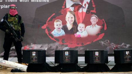 The remains belong to Kfir Bibas and Ariel Bibas - two of the youngest hostages - Oded Lifshitz and that of an unidentified person. (AP Photo)