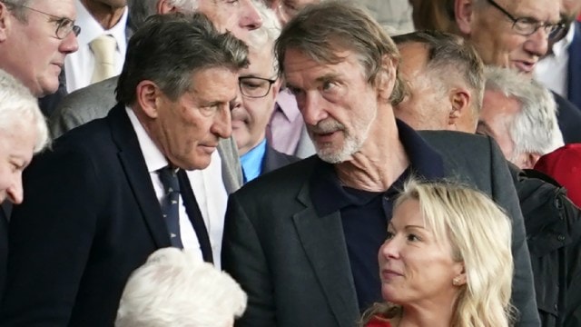 Jim Ratcliffe (right) in the stands during the English Premier League soccer match between Manchester United and Arsenal at the Old Trafford Stadium in Manchester, England, Sunday, May 12, 2024. (AP Photo)