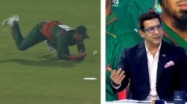 (RIGHT) Wasim Akram; (LEFT) Bangladesh's Mahmudullah fumbles the catch of Rachin Ravindra in the New Zealand vs Bangladesh game. (Screenshots: Sports Central, JIoHotstar)