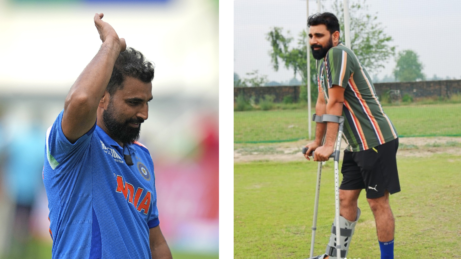 (LEFT) Mohammed Shami reacts as he leaves the field after a five-wicket haul during the ICC Champions Trophy cricket match between India and Bangladesh at Dubai International Cricket Stadium; (RIGHT) Shami after his surgery. (Photos: AP, Shami Instagram)