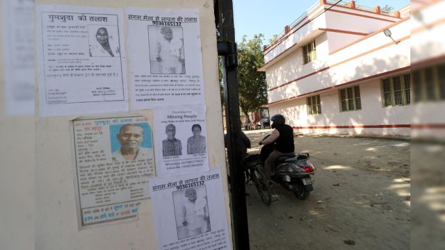 Posters of missing radical   from Maha Kumbh extracurricular  the mortuary astatine  the Motilal Nehru National Medical College, Prayagraj. (Express Photo/Manish Sahu)