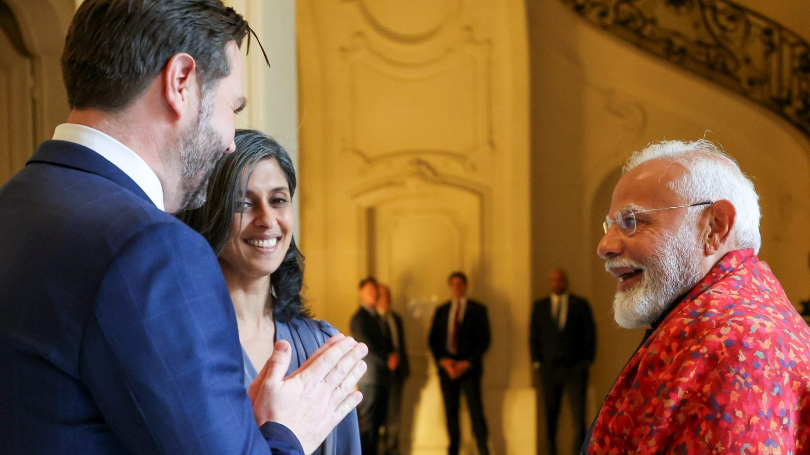 rime Minister Narendra Modi with US Vice President JD Vance and his wife Usha Vance during a meeting, in Paris, France. (PMO via PTI Photo)