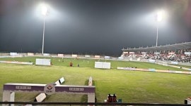 At the National Games, the cricket stadium at the Indira Gandhi Sports Complex in Golapar is hosting football matches. (Express Photo)