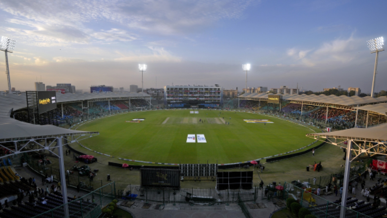 Missing India flag: A view of newly renovated National Bank Stadium, where fans watch the tri-series ODI cricket final match between Pakistan and New Zealand, in Karachi, Pakistan, Friday, Feb. 14, 2025. (AP Photo)