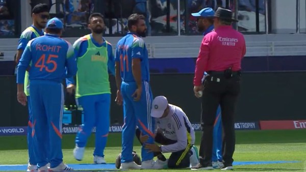 The physio checks on Shami during his third over. (JioHotstar screengrab)